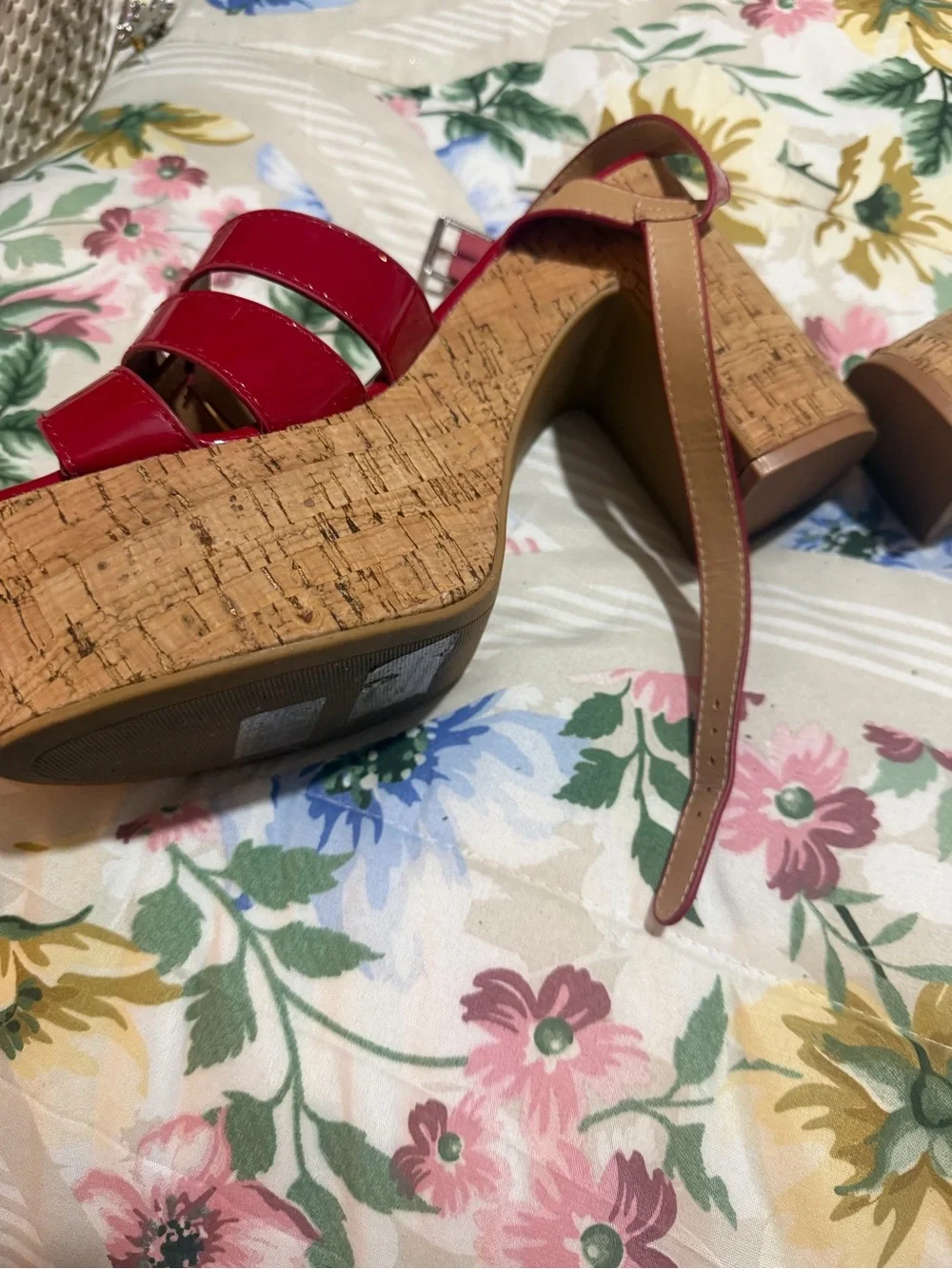 Journee Collection Red Patent Cork Platform Wedge Sandals